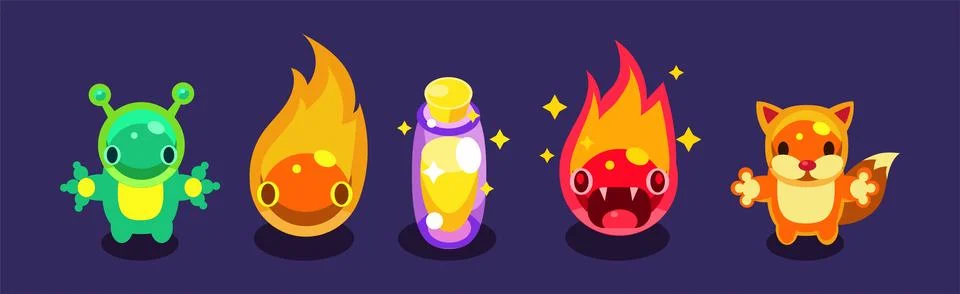 Flat Assets for Mobile Game with Funny Creatures Vector Set Stock Illustration