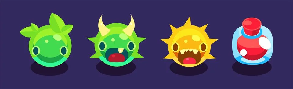Flat Assets for Mobile Game with Funny Creatures Vector Set Stock Illustration