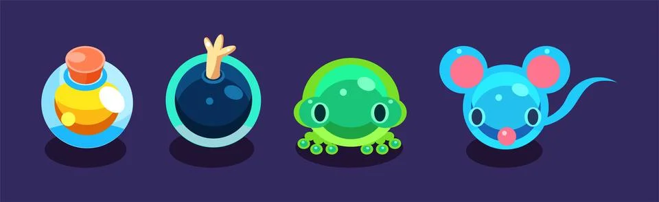Flat Assets for Mobile Game with Funny Creatures Vector Set Stock Illustration