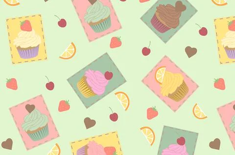 Flat assorted cupcakes pattern. Strawberry, chocolate lemon mint taste with Stock-Illustration