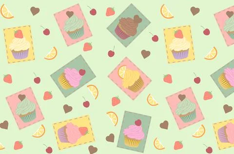 Flat assorted cupcakes pattern. Strawberry, chocolate lemon mint taste with Stock-Illustration