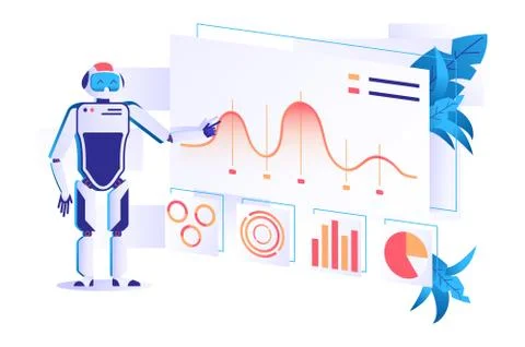 Flat automation robot for data analysis with graphs. Stock Illustration
