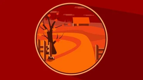 Flat autumn scene in a button in red Illustration