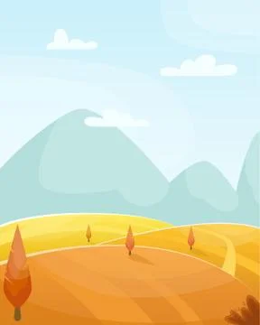 Flat autumn vector cartoon landscape. Fields with trees and mountains Illustrazione stock