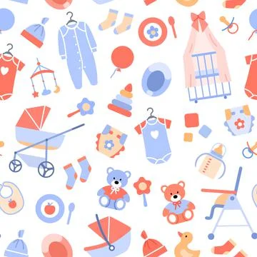 Flat baby background seamless pattern. Baby shower Stock Illustration