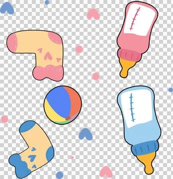 Flat baby items are floating on transparent background, showing socks, bottles, イラスト素材