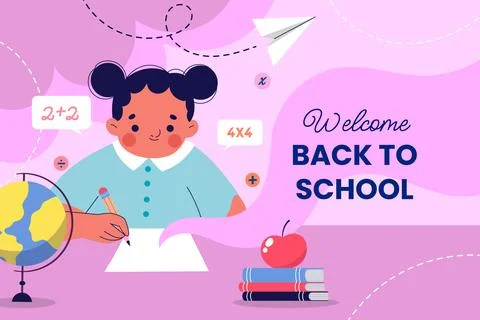Flat back to school background with student learning Stock Illustration
