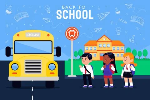 Flat back to school background with students and bus Stock Illustration