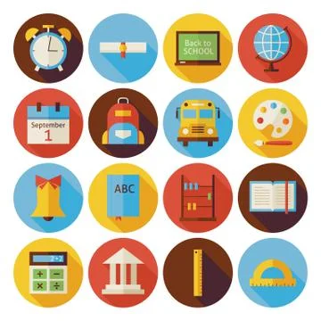 Flat Back to School Circle Icons Set with long Shadow Stock Illustration