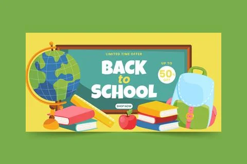 Flat back to school horizontal banner template Stock Illustration