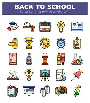 Flat back to school icon graphics in a grid pattern. Stock Illustration