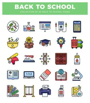 Flat back to school icon set on white background. educational elements. Stock Illustration