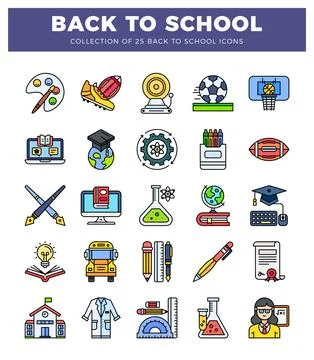 Flat back to school icons in a grid layout. Ilustración de archivo