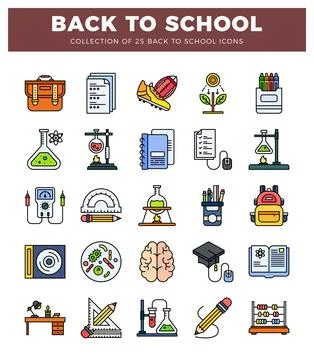 Flat back to school icons in a grid layout with white background and maroon.. Stock Illustration