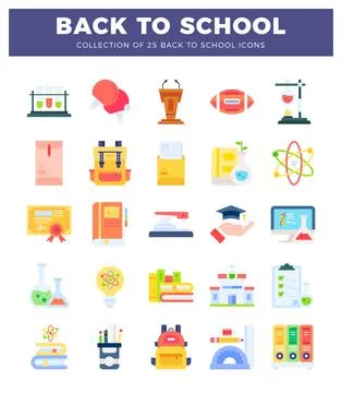 Flat back to school icons on white background. diverse educational symbols .. Ilustración de archivo