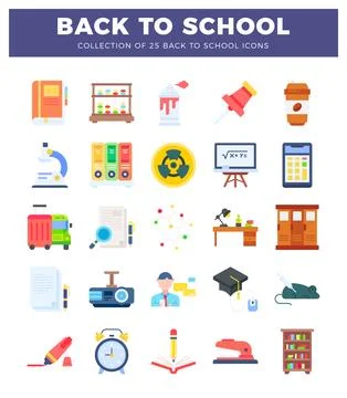 Flat back to school icons on white background with dark blue header Stock Illustration