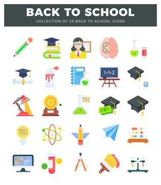Flat back to school icons on a white background. featuring educational and .. Stock Illustration