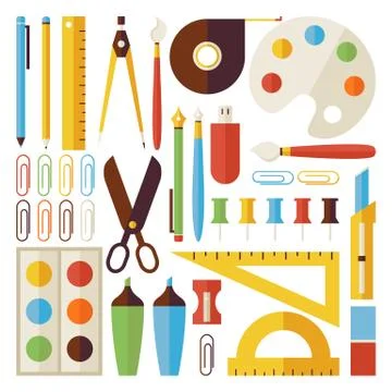 Flat Back to School Objects and Office Instruments Set isolated over White Stock Illustration