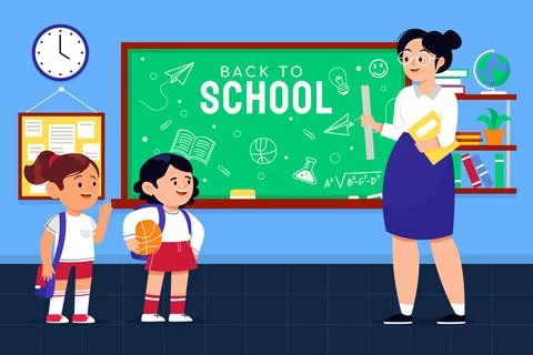 Flat back to school party illustration with kids and teacher in classroom Illustrazione stock