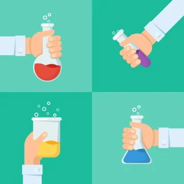 Flat background with hand and flask Stock Illustration