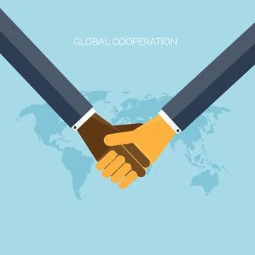 Flat background with hands.Global cooperation and partnership. Business idea and Illustrazione stock