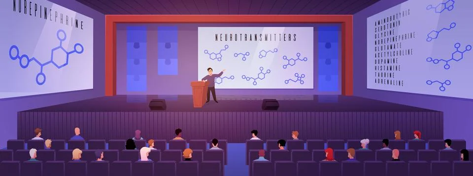 Flat background with a lecture hall, a screen with molecules, a speaker on stage Stock Illustration