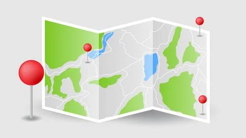 Flat background of location route map fold page with red pins イラスト素材