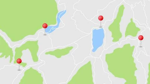 Flat background of location route map fold page with red pins Stock Illustration