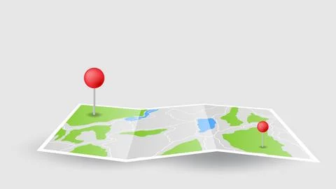 Flat background of location route map fold page with red pins Stock Illustration
