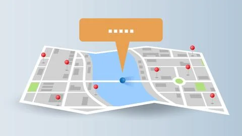 Flat background of location route map fold page with red pins Stock Illustration