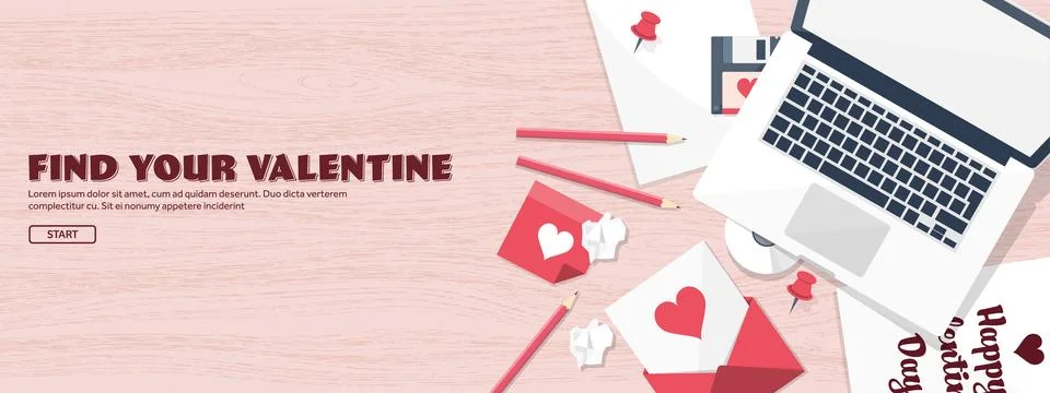 Flat background with paper, envelope. Love hearts. Valentines day. Be my 스톡 일러스트