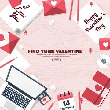 Flat background with paper, envelope. Love hearts. Valentines day. Be my Stock Illustration