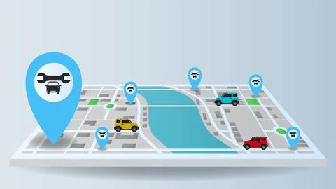 Flat background of route navigation location city map with blue pin and gar.. Stock Illustration