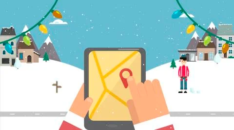 Flat background. Santa with navigator Ilustração Stock