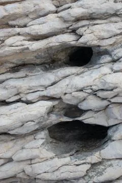 Flat background texture of rocks near the sea shore with two holes in them. Stock Photos