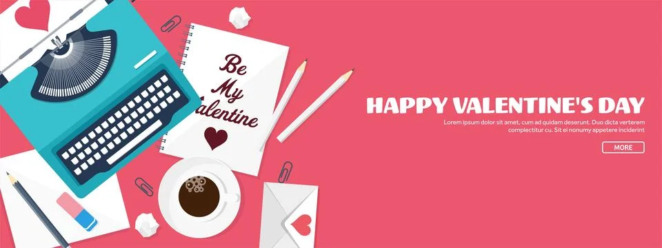 Flat background with typewriter, love and hearts. Valentines day. Be my Stock Illustration