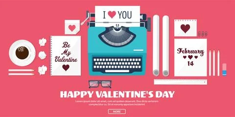 Flat background with typewriter, love and hearts. Valentines day. Be my Stock Illustration