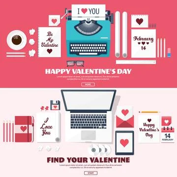 Flat background with typewriter, love and hearts. Valentines day. Be my Stock Illustration
