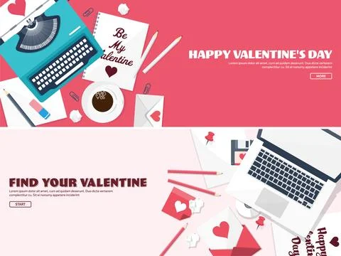 Flat background with typewriter, love and hearts. Valentines day. Be my Stock Illustration