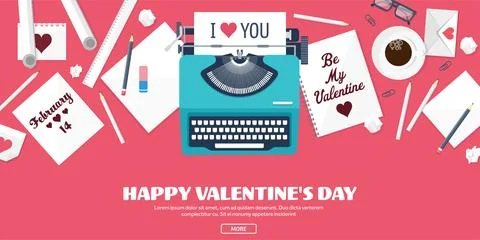 Flat background with typewriter, love and hearts. Valentines day. Be my Stock Illustration