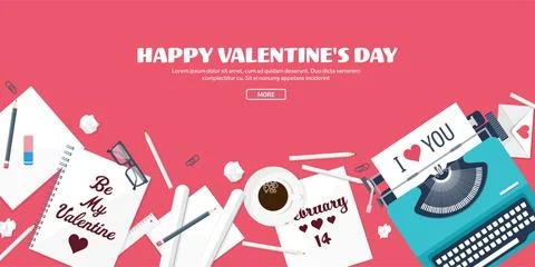 Flat background with typewriter, love and hearts. Valentines day. Be my Stock Illustration