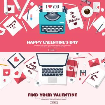 Flat background with typewriter, love and hearts. Valentines day. Be my Stock Illustration