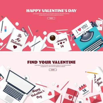 Flat background with typewriter, love and hearts. Valentines day. Be my Stock Illustration