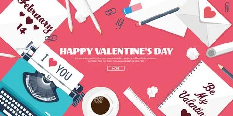 Flat background with typewriter, love and hearts. Valentines day. Be my Stock Illustration