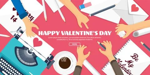 Flat background with typewriter, love and hearts. Valentines day. Be my Stock Illustration