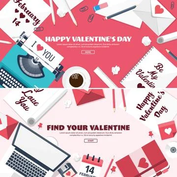 Flat background with typewriter, love and hearts. Valentines day. Be my Stock Illustration