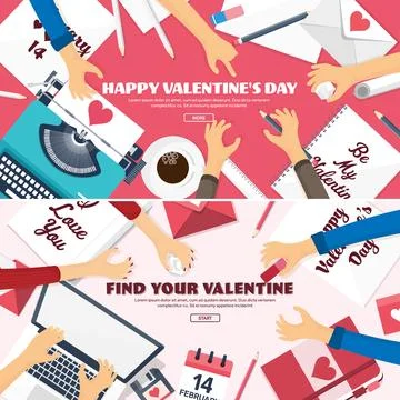 Flat background with typewriter, love and hearts. Valentines day. Be my Illustrazione stock