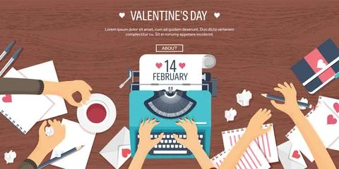 Flat background with typewriter. Love and hearts. Valentines day. Be my Stock Illustration