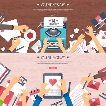 Flat background with typewriter. Love and hearts. Valentines day. Be my Stock Illustration