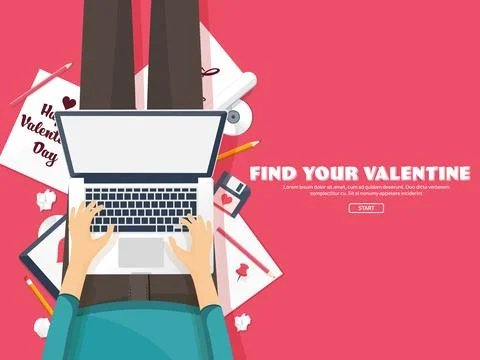 Flat background with typewriter. Love hearts. Valentines day. Be my valentine Stock Illustration
